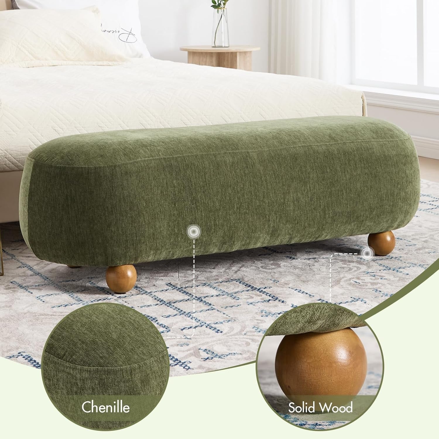54-Inch Green Velvet Cushioned Bench