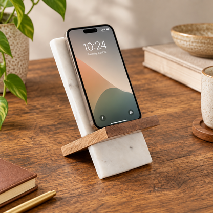 Indukala Moon Phase Phone Stand for Desk - Wood, Marble, Brass