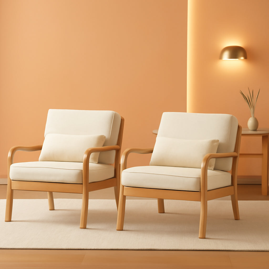 Set of 2 Beige Upholstered Accent Chairs With Pillows