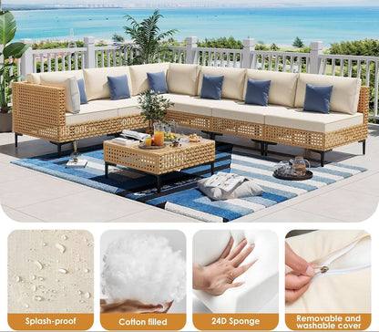 Large 7 Piece Wicker Outdoor Modular Sectional Set - Beige