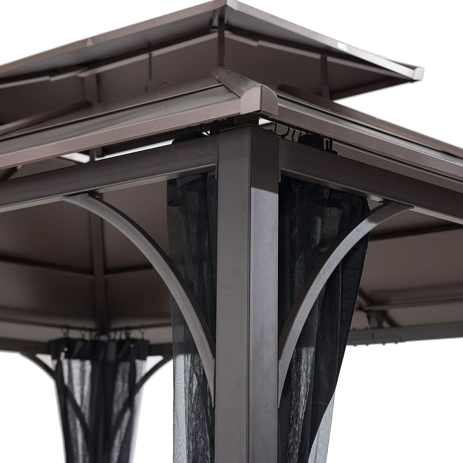 10x12 Dark Brown Hardtop Gazebo With Steel Frame And Netting
