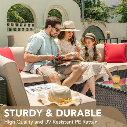 6 Piece Outdoor Rattan Sectional Sofa Set - Beige
