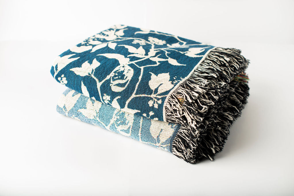 Teal Bird and Botanical Jacquard Woven Throw