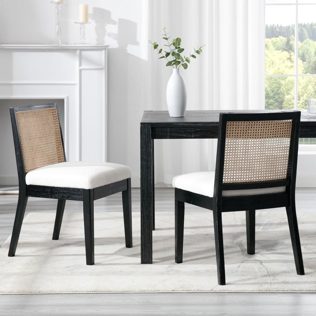 Black Rattan Sherpa Upholstered Dining Chairs - 4 pc Set