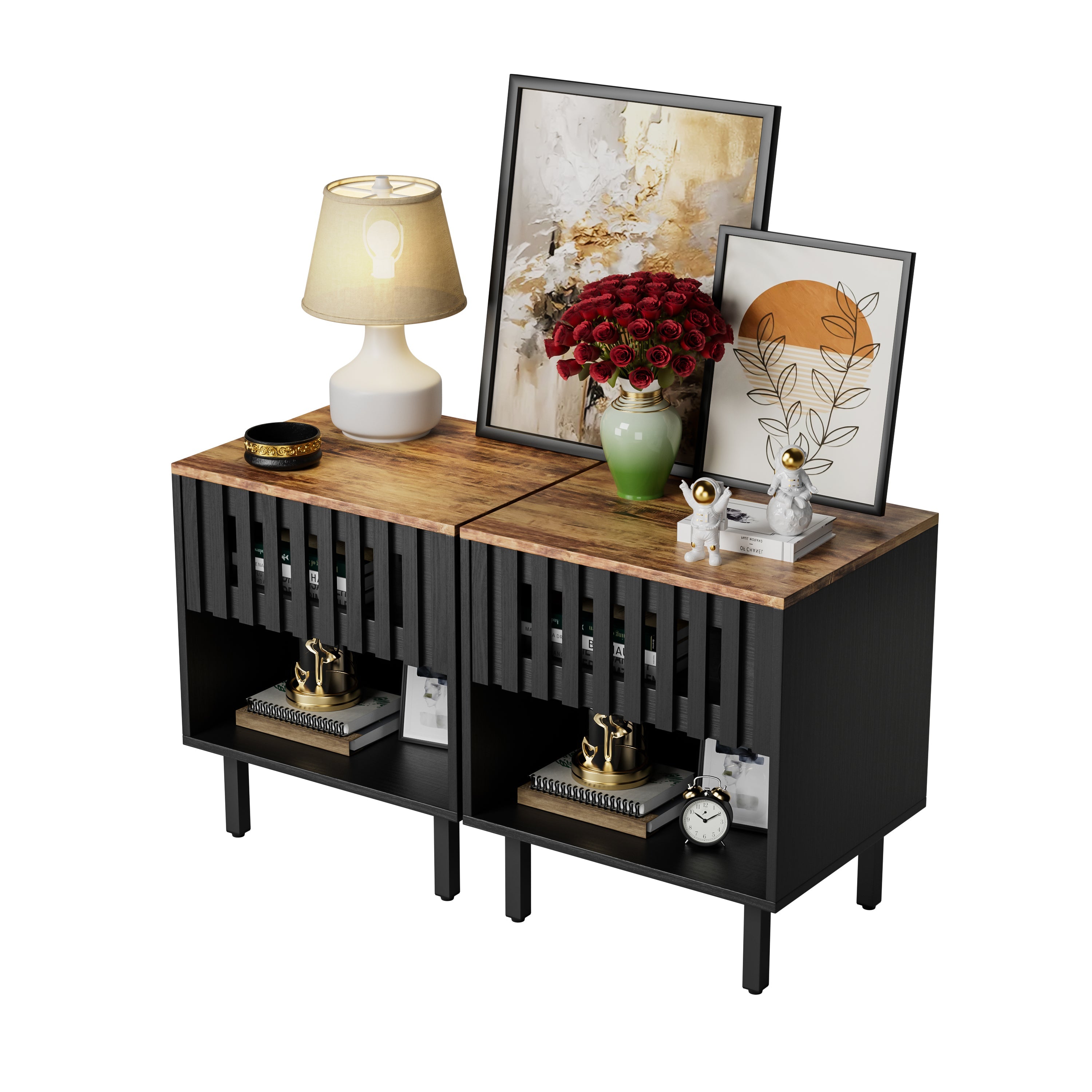Set of 2 Mid Century Modern Nightstands - Black + Brown