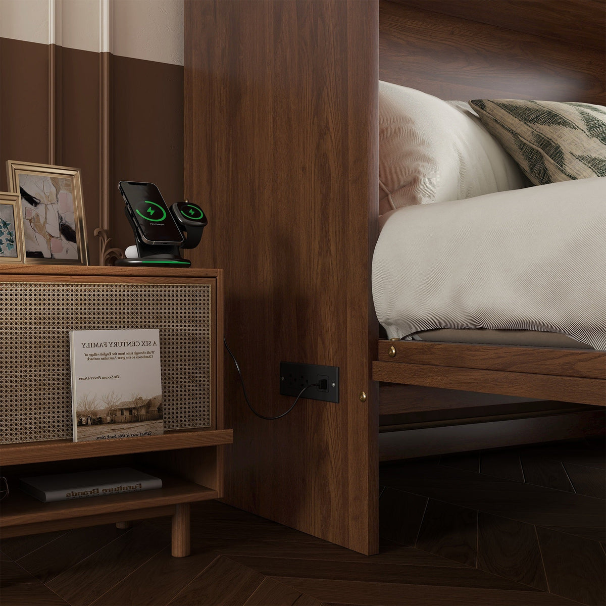 Queen Size Murphy Bed, Pine Wood with Power Station and Rattan Decoration Panel - Walnut