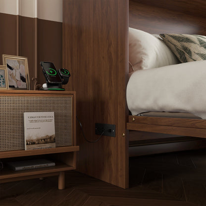 Queen Size Murphy Bed, Pine Wood with Power Station and Rattan Decoration Panel - Walnut