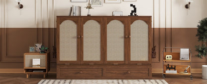 Queen Size Murphy Bed, Pine Wood with Power Station and Rattan Decoration Panel - Walnut
