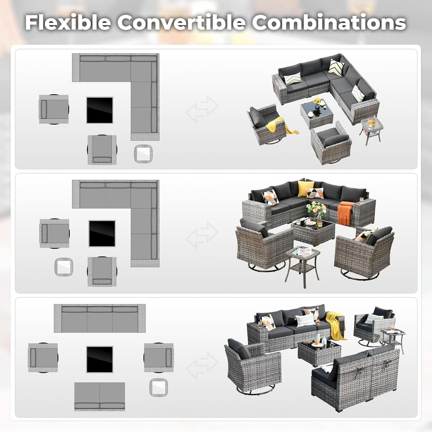 9 Piece Wicker Modular Sectional Patio Set - Gray/Black