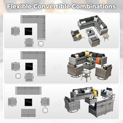 9 Piece Wicker Modular Sectional Patio Set - Gray/Black