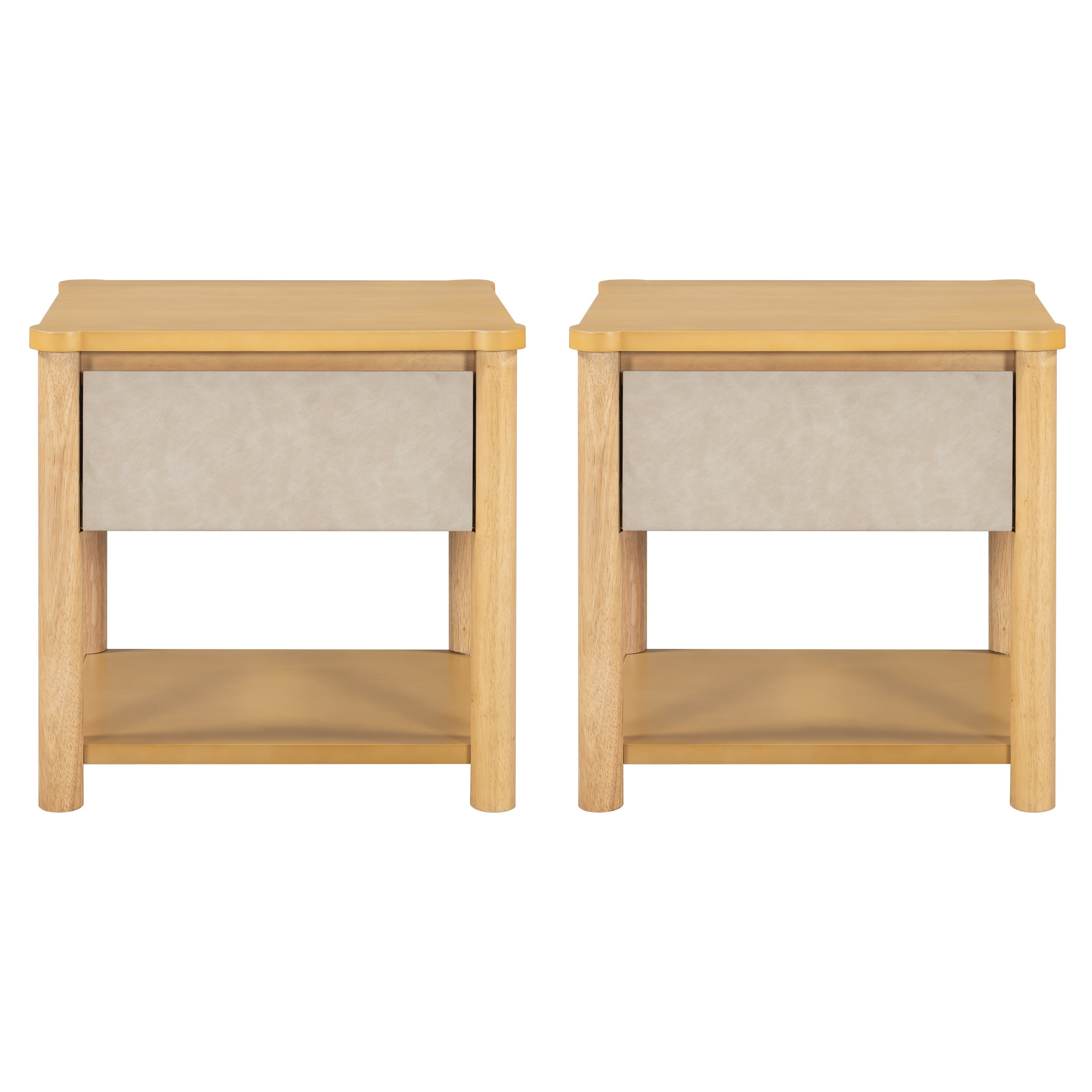 Beige Wood Platform Bed with Headboard and Matching Bedside Tables - 3 Pc Set