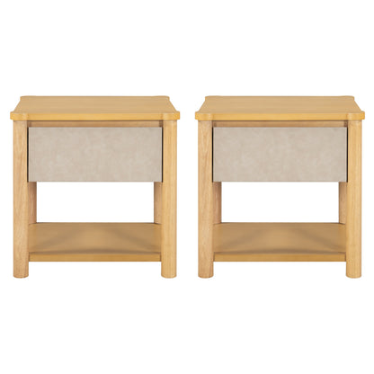 Beige Wood Platform Bed with Headboard and Matching Bedside Tables - 3 Pc Set