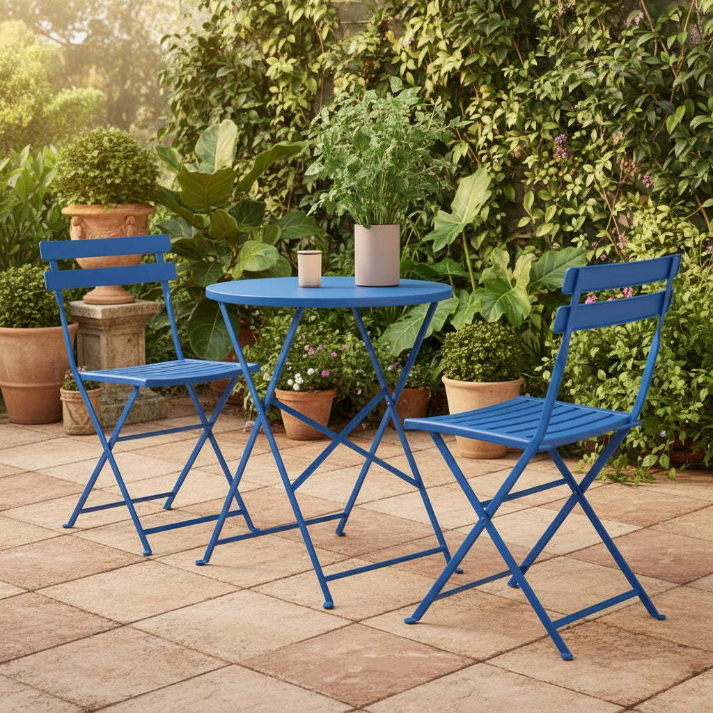 3 Piece Folding Metal Bistro Set in Blue