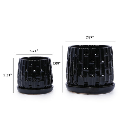 Set of 2 Patterned Ceramic Flowerpots - Black