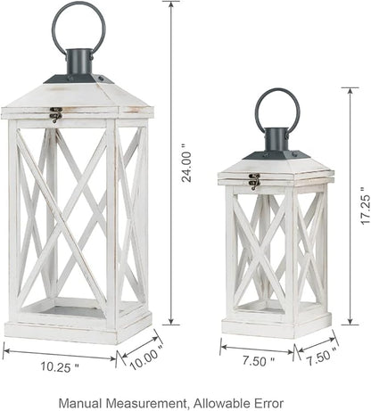Set of 2 Modern Farmhouse Wooden Outdoor Lanterns - White (No Glass)