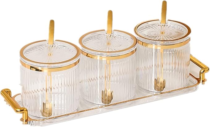 Acrylic Condiment Spice Jars with Lids, Spoons, Tray - Clear