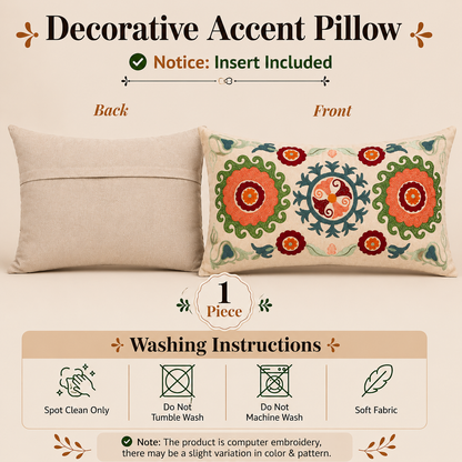 Suzani Embroidered Multicolor Lumbar Throw Pillow - 26" X 14"
