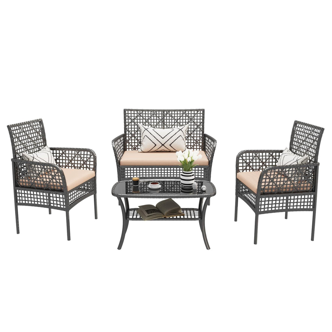 4 Pc Outdoor Rattan Patio Set - Grey with Apricot Cushions