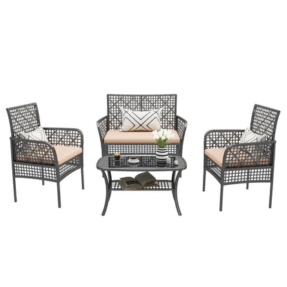 4 Pc Outdoor Rattan Patio Set - Grey with Apricot Cushions