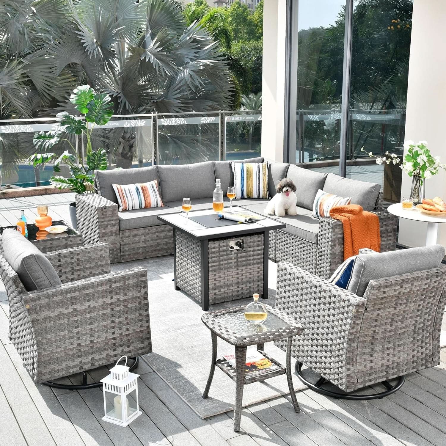 Modular Outdoor Wicker Sofa Set with Fire Pit - 10 Piece - Gray
