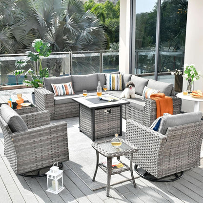 Modular Outdoor Wicker Sofa Set with Fire Pit - 10 Piece - Gray