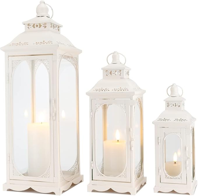 Set of 3 Vintage White Metal Candle Lanterns