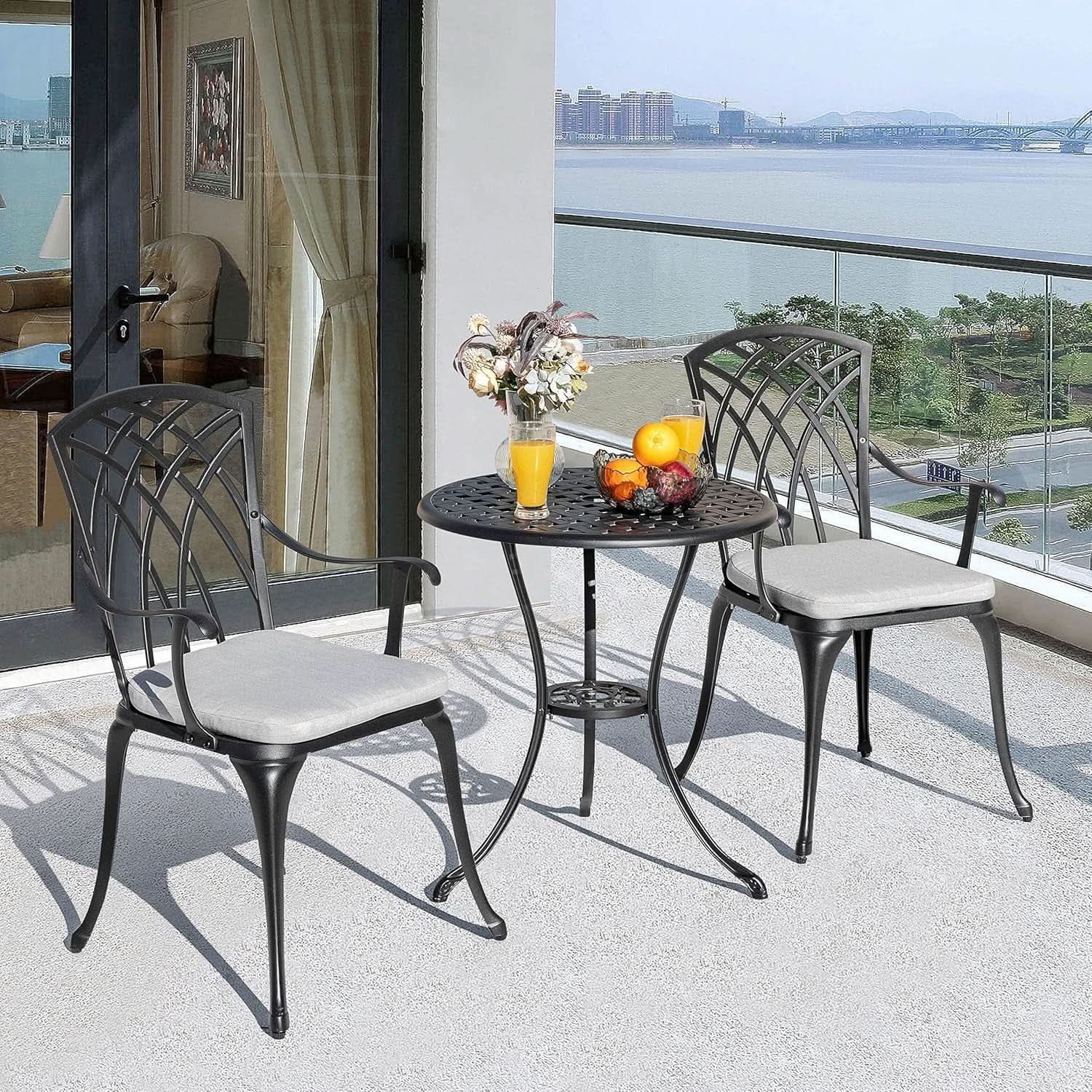 3 Piece Outdoor Cast Aluminum  Bistro Set - Black with Gray Cushions