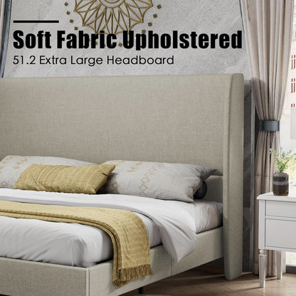 King Size Wingback Headboard Upholstered Bed Frame in Khaki