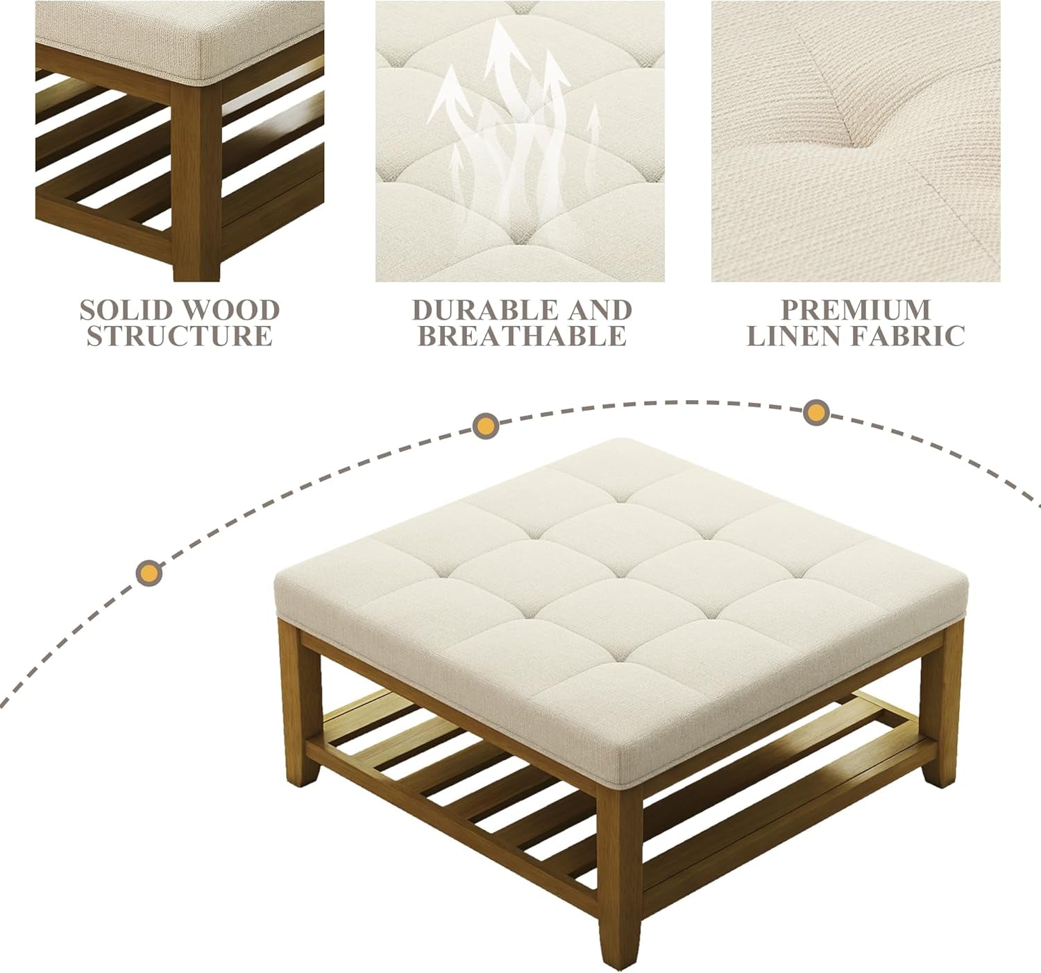 Oversized Ivory Upholstered Ottoman With Wooden Shelf