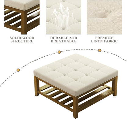 Oversized Ivory Upholstered Ottoman With Wooden Shelf