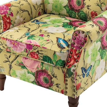 Yellow Floral Wingback Chair With Solid Wood Legs