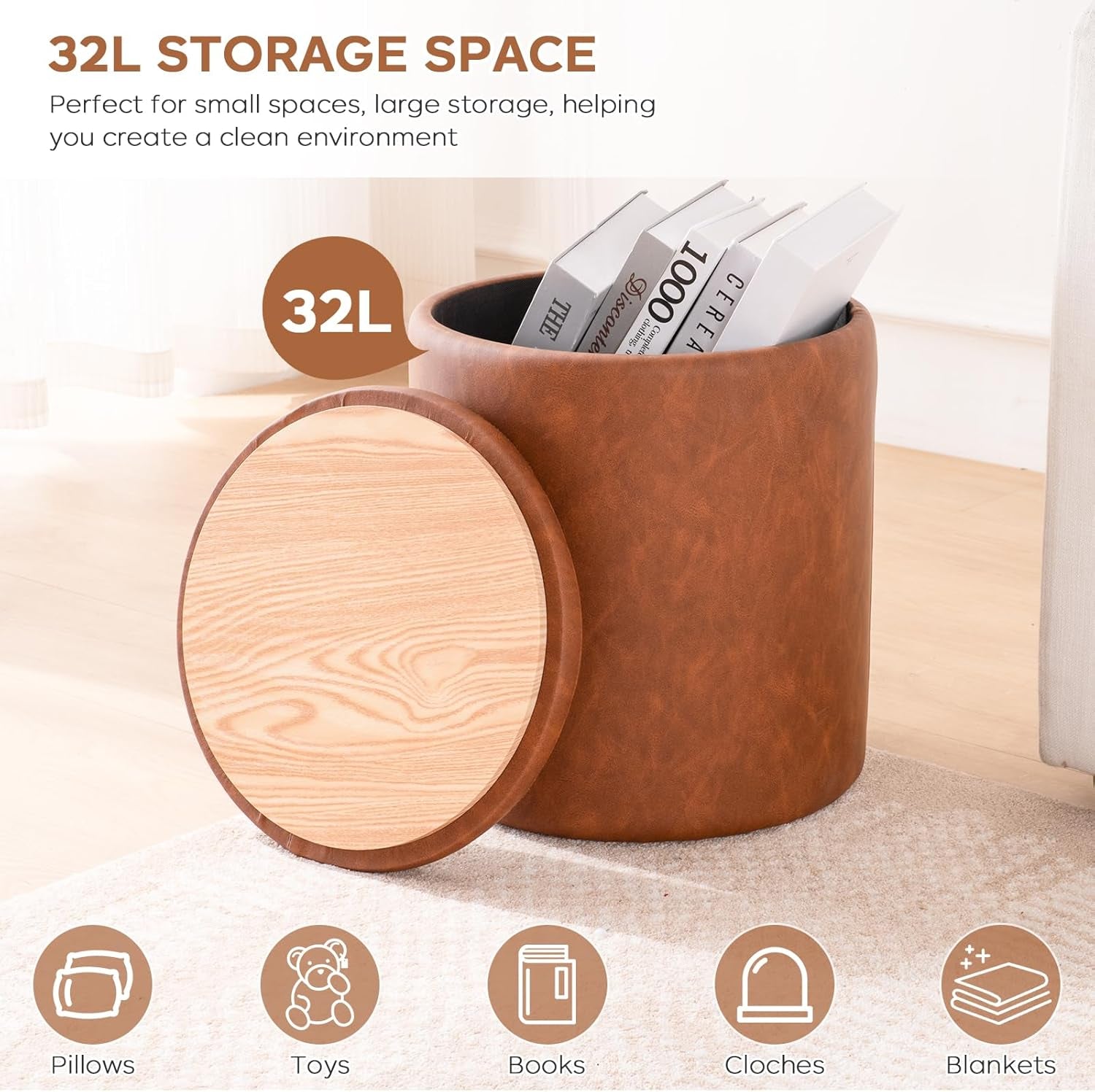 Brown Faux Leather Round Storage Nesting Ottomans - 2 pc Set