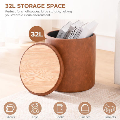 Brown Faux Leather Round Storage Nesting Ottomans - 2 pc Set