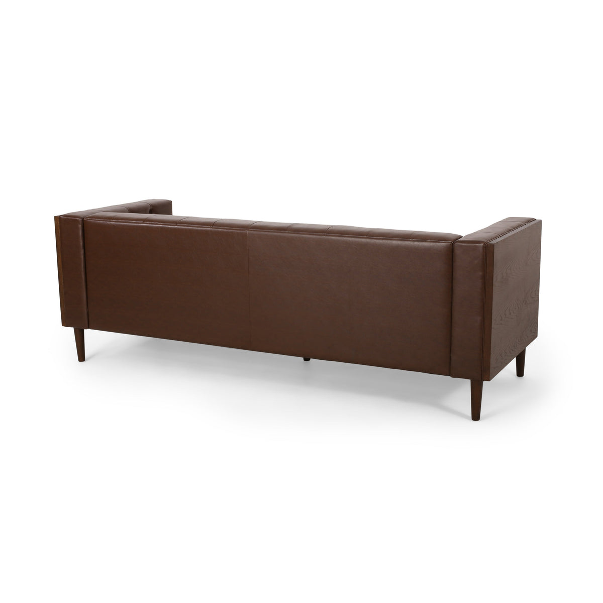 Contemporary 3-Seater Sofa with Tufted Diamond Stitch and Rolled Accent Pillows in Dark Brown Faux Leather