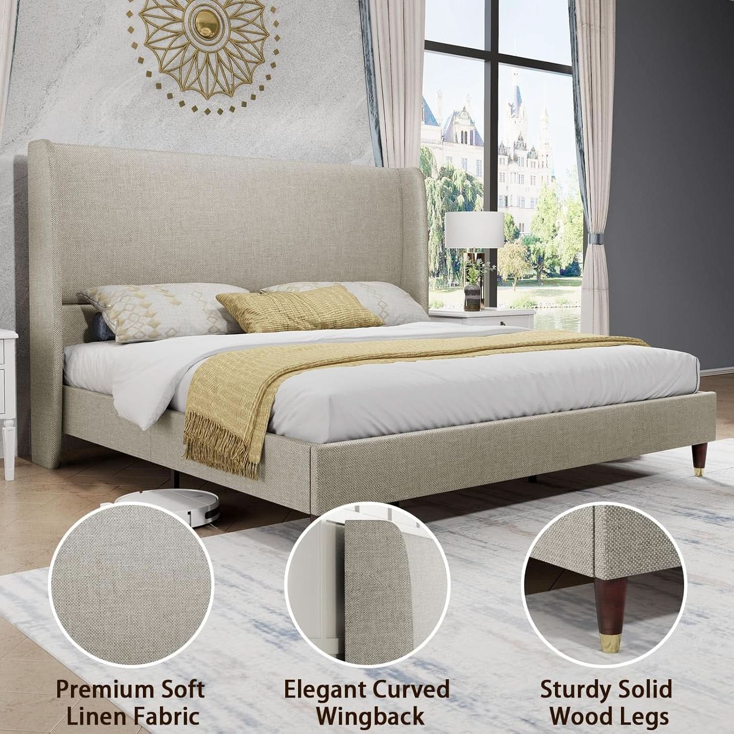 King Size Wingback Headboard Upholstered Bed Frame in Khaki