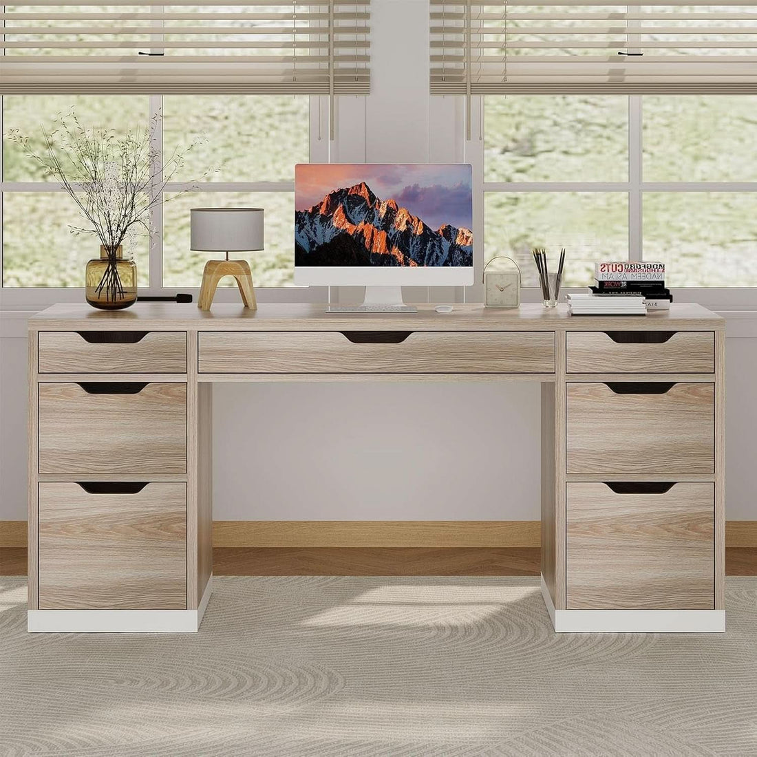 54 Inch Computer Desk With Storage Drawers - White Walnut