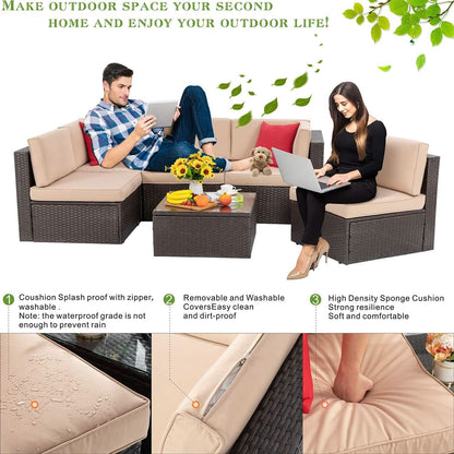 Outdoor Wicker Sectional Sofa Set with Coffee Table - Tan/Brown