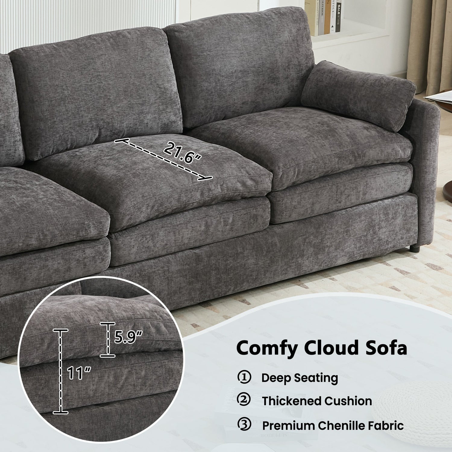 Cozy Upholstered Oversized 3-Seater Cloud Sofa in Dark Gray