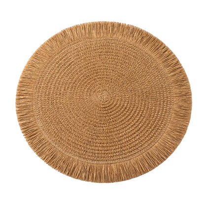 Straw &amp; Fringe Round Placemat | 15” Handwoven Natural Fiber Table Decor