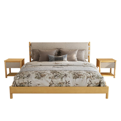 Beige Wood Platform Bed with Headboard and Matching Bedside Tables - 3 Pc Set