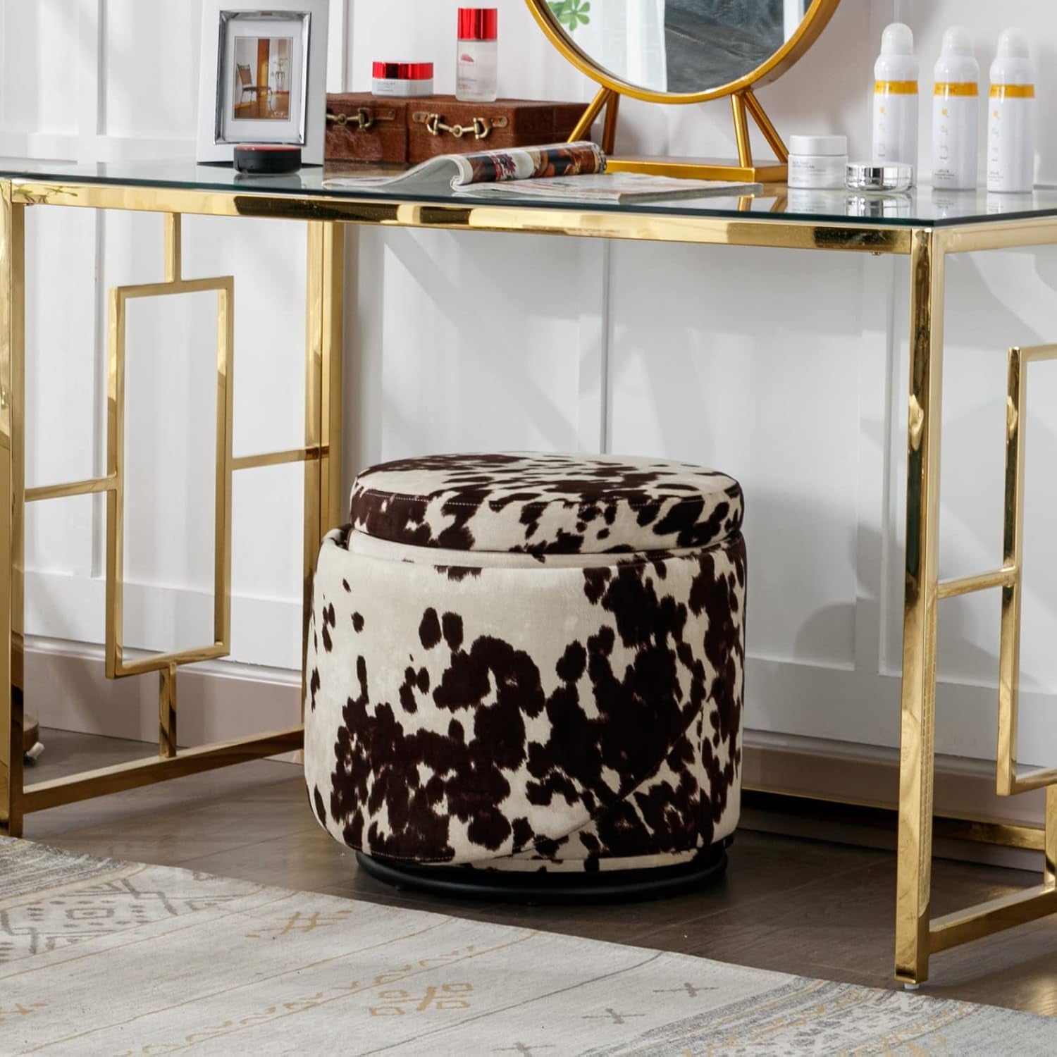 Cow Print Velvet Upholstered Vanity Chair With Storage