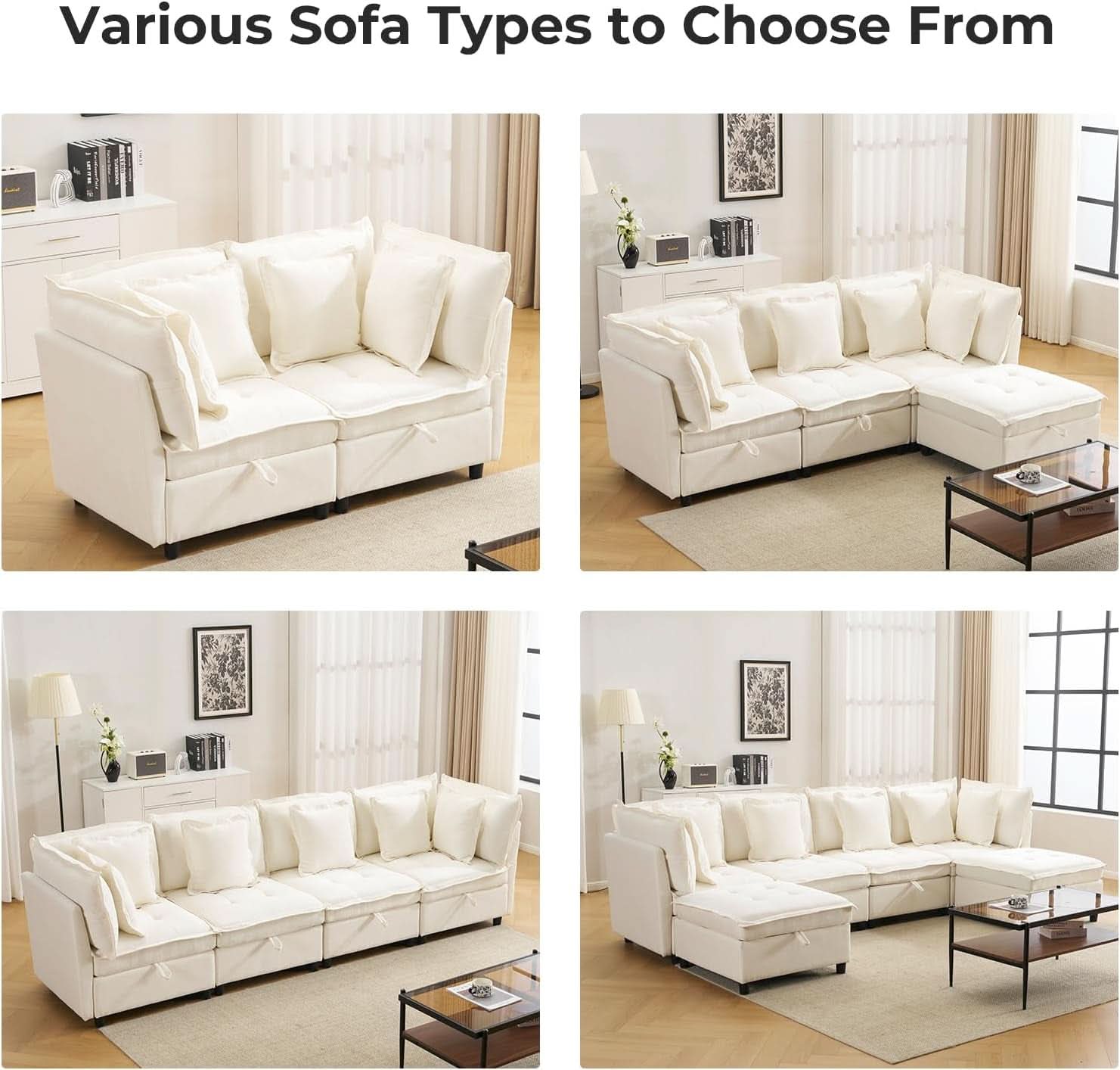 Oversized Modular Sectional Sofa w/Storage Ottoman - Cream