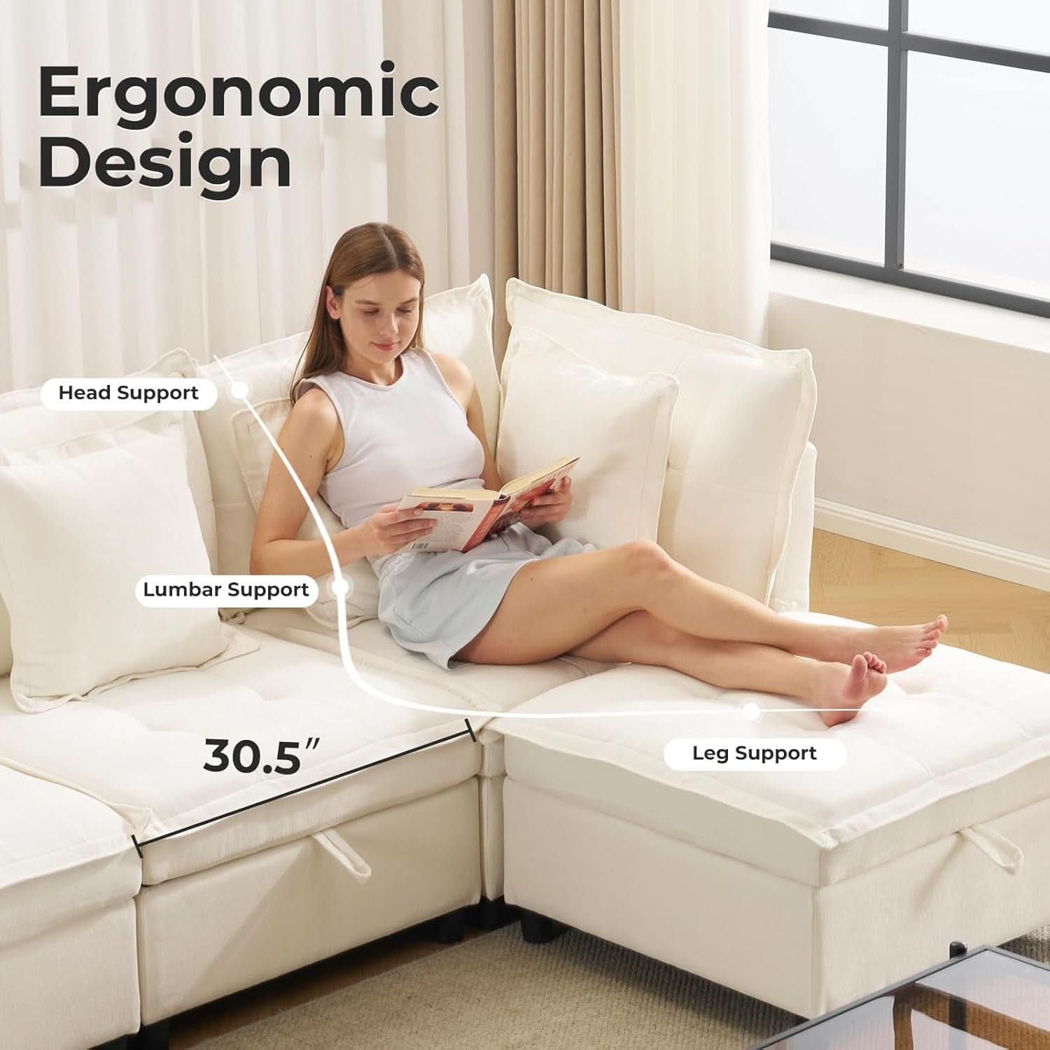 Oversized Modular Sectional Sofa w/Storage Ottoman - Cream