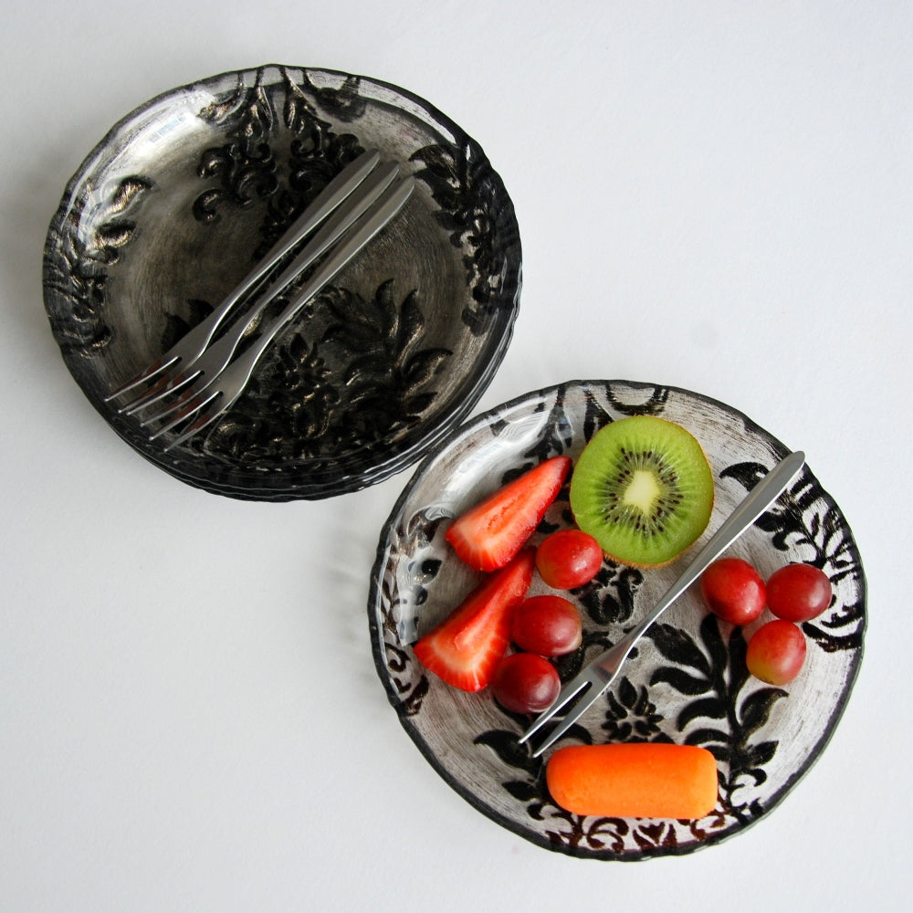 DAMASK 6.5" BLACK VELVET CANAPE PLATES - Set of 4