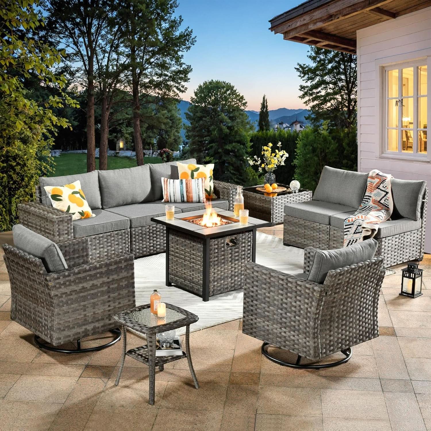 Modular Outdoor Wicker Sofa Set with Fire Pit - 10 Piece - Gray