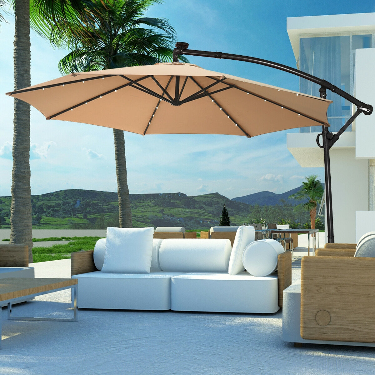 10 ft 360° Rotation Solar Powered LED Patio Offset Umbrella - 8 Colors