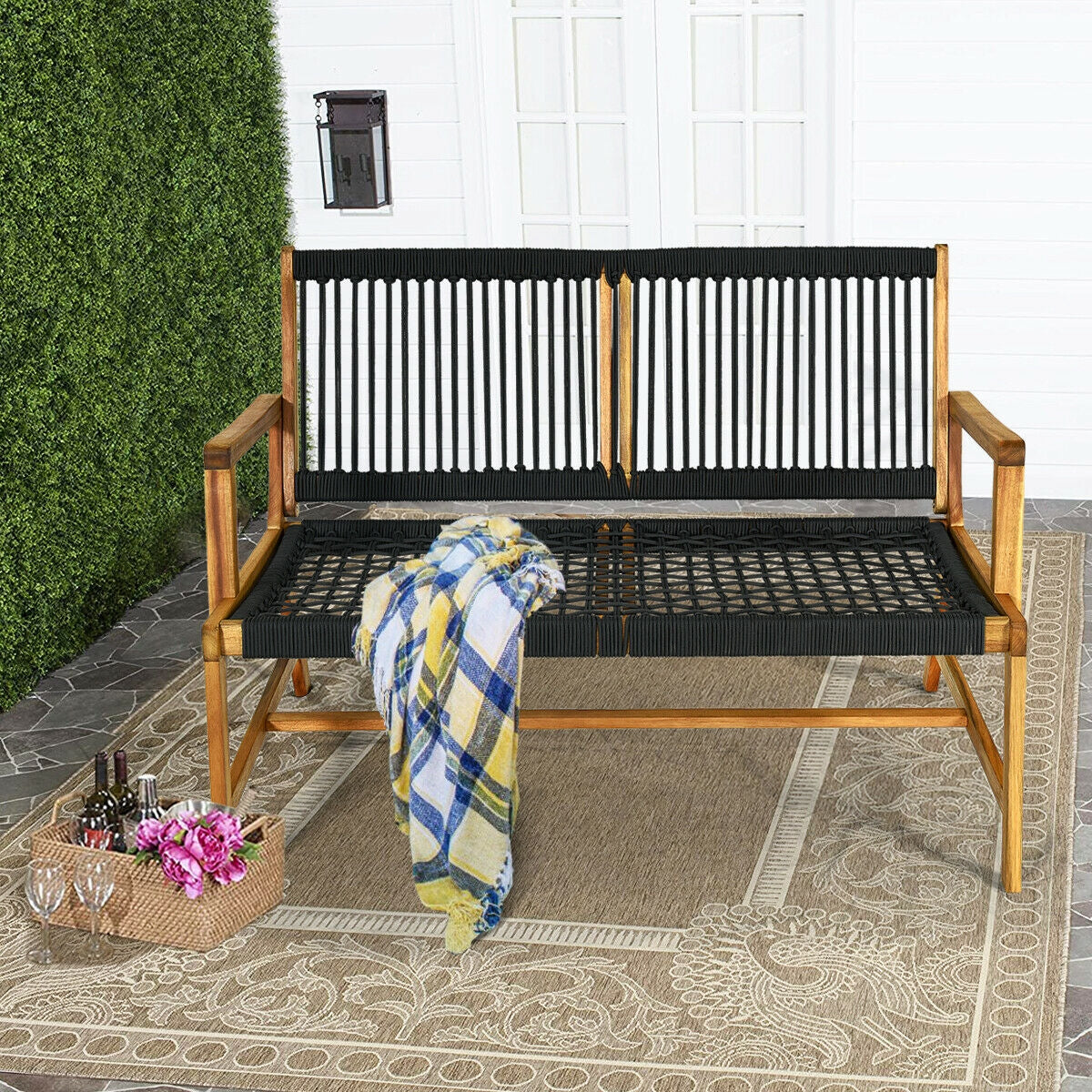 2-Person Acacia Wood Yard Bench for Balcony and Patio - Black