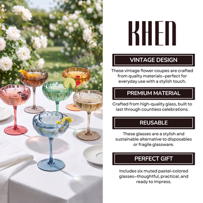 Flower Coupe Cocktail Colored Glasses | Set of 6 | Muted