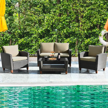 4 Piece Rattan Patio Conversation Set - Beige