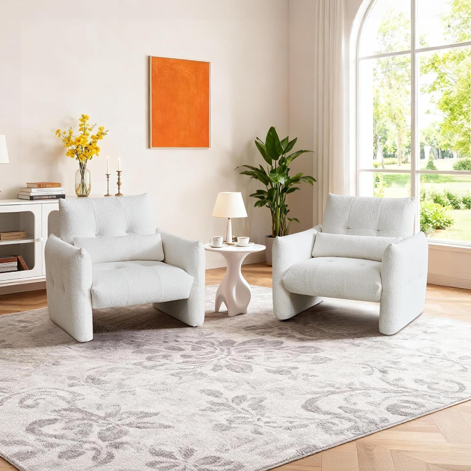 33.9 Inch Sherpa Fabric Upholstered Accent Armchair in Cream